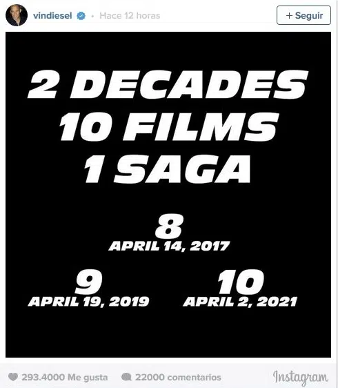 Con esta imagen Vin Diesel confirmó las fechas de las próximas entregas de la saga.